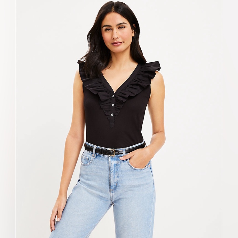 NWT LOFT black Ruffle Mixed Media V-Neck Top, Size M